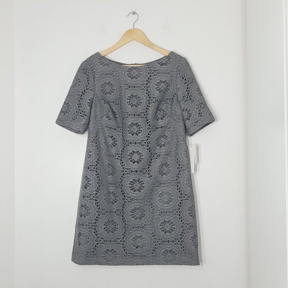 Adrianna Papell NEW Gray Floral Lace Overlay Short Sleeve Sheath Dress 12P NWT - Picture 1 of 11